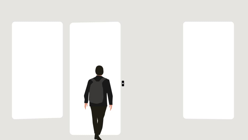 An illustration of a person approaching a building entry secured by Kisi access reader