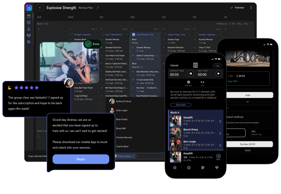 An image showing the exercise.com gym fitness management software on multiple devices