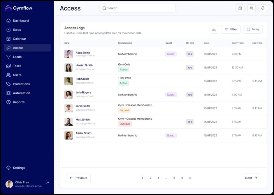 gymflow gym management software screen