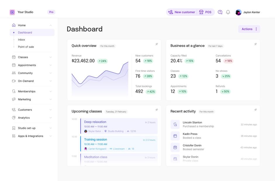 Momence gym management software dashboard