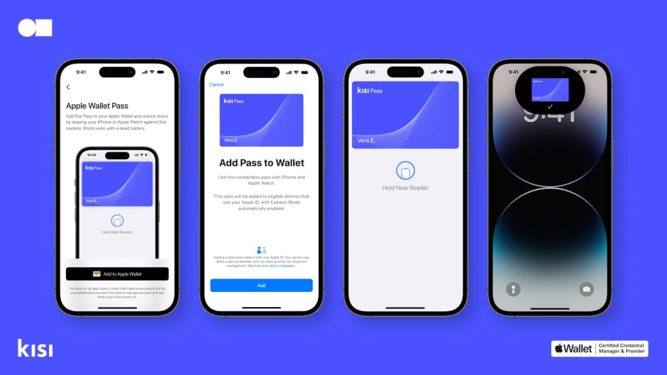 for screens showing how easy it is to add the Kisi employee badge to Apple Wallet