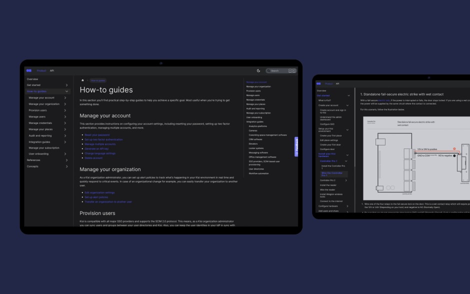 Mock up showing the new Kisi documentation portal