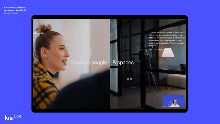 A screenshot of a recent live Kisi webinar showcasing Kisi's vision to connect people and spaces