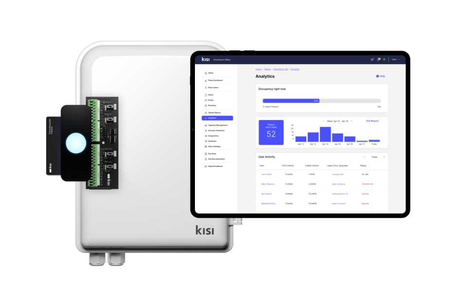 a composition of Kisi's access control products including the Kisi Controller Pro and Wiegand board, Kisi Controller Pro, and a device with Kisi's access dashboard