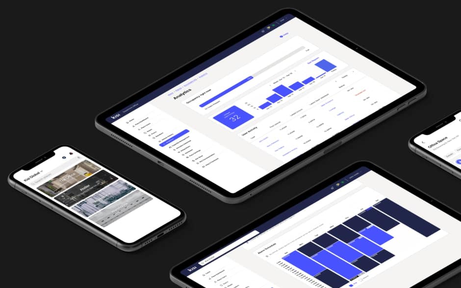 A mock up showing phones and tablets with various screen showcasing Kisi access control dashboard and app functionalities