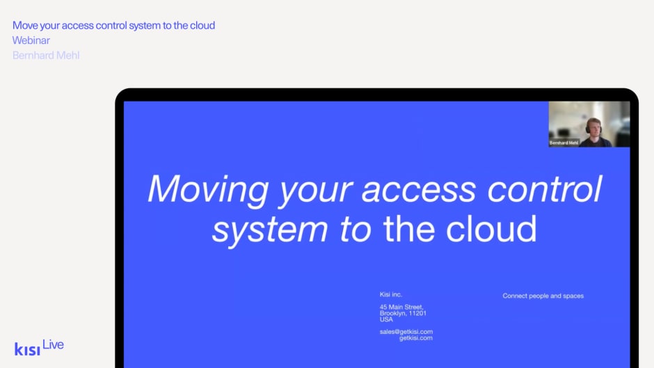 A mock up showing the first slide of the 'Moving your access control system to the cloud' webinar presented by Bernhard Mehl