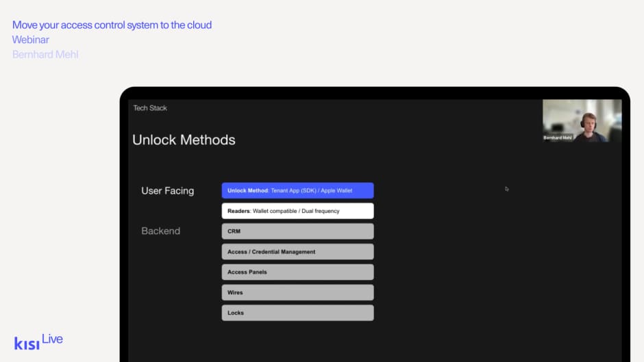 A screenshot from 'Moving your access control system to the cloud' webinar showing unlock methods