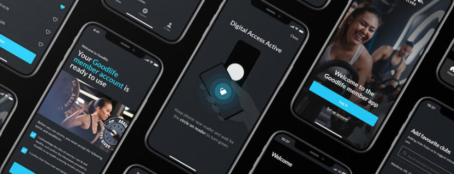 Goodlife gym member app screens with mobile access in the centre