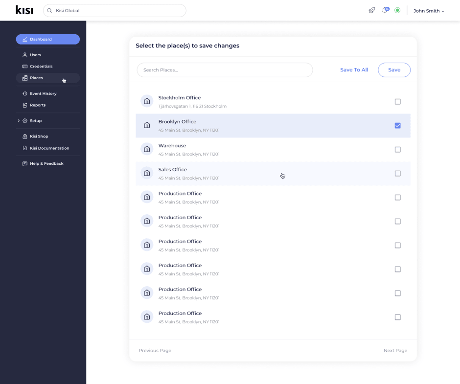 Customizable dashboard select places