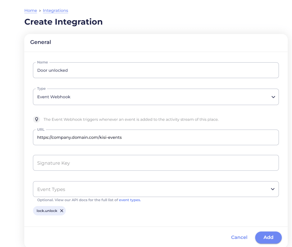 Create event webhook integration in Kisi