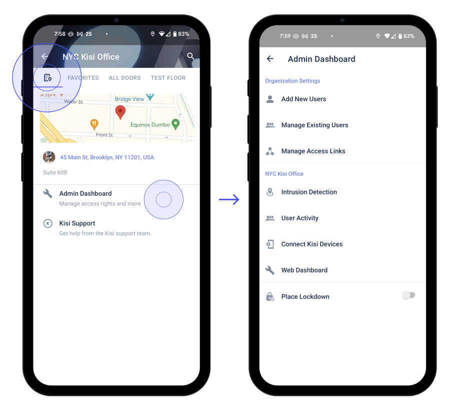 Admin dashboard in the Kisi Android app