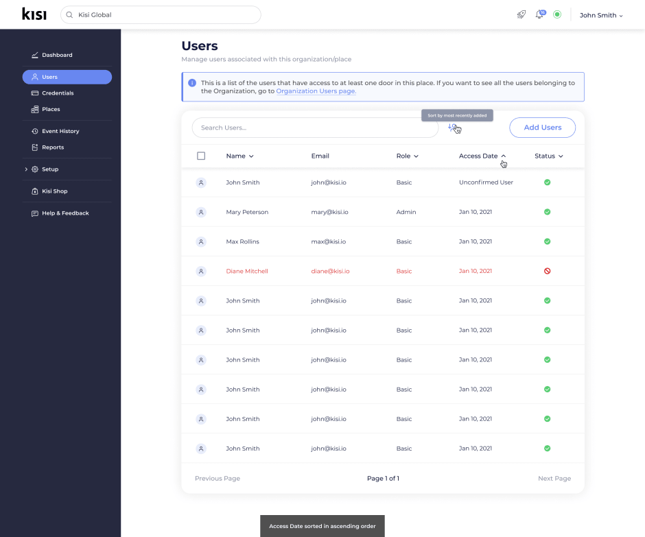 user index page sorting