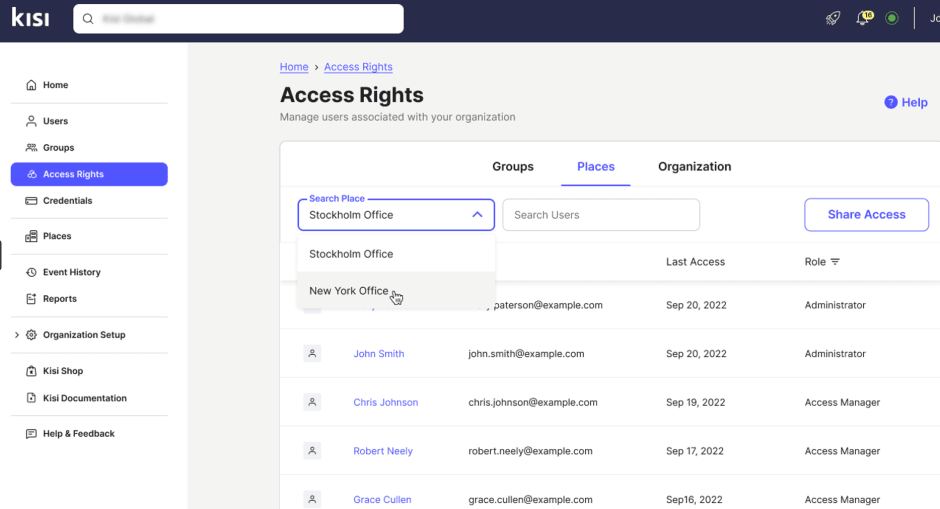Access rights overview on the admin dashboard