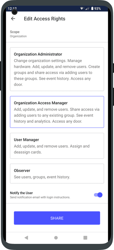 Share any kind of Kisi role on the Android app