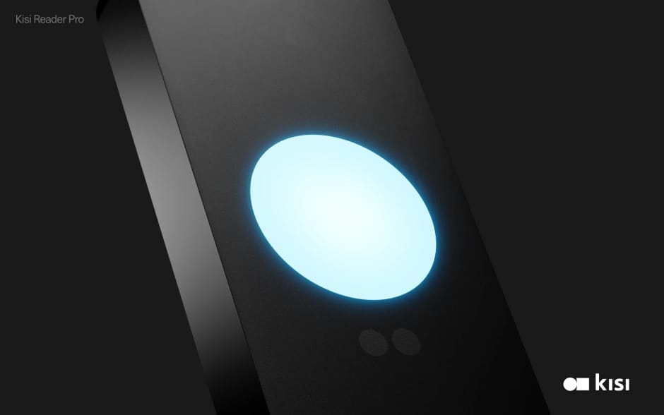 An image showing tilted Kisi Reader Pro on a black background