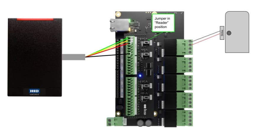 a wiring schematic for proximity reader and Kisi's access control panel