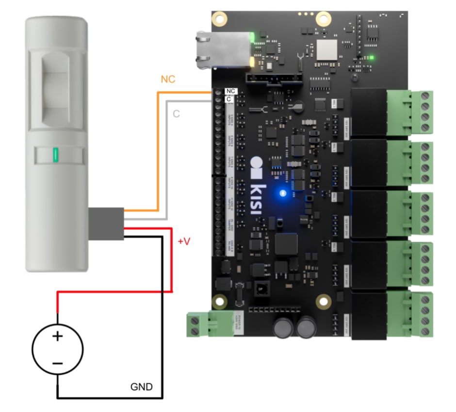 a wiring schematic of a door motion sensor and Kisi access panel