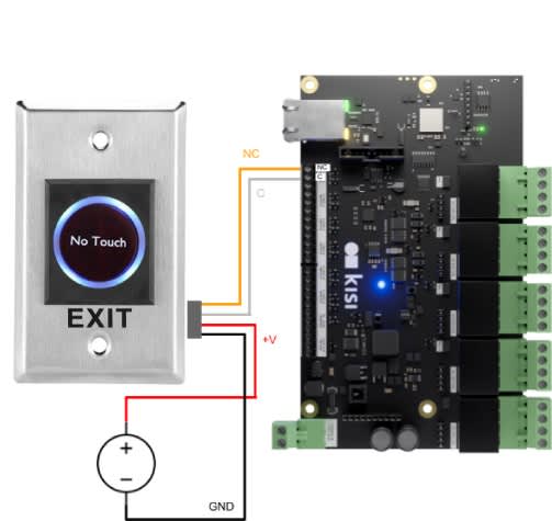 A wiring schematic of a no-touch exit button and the Kisi access control panel