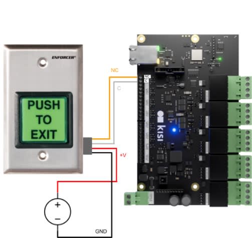 A wiring schematic of a push to exit button and the Kisi access control panel