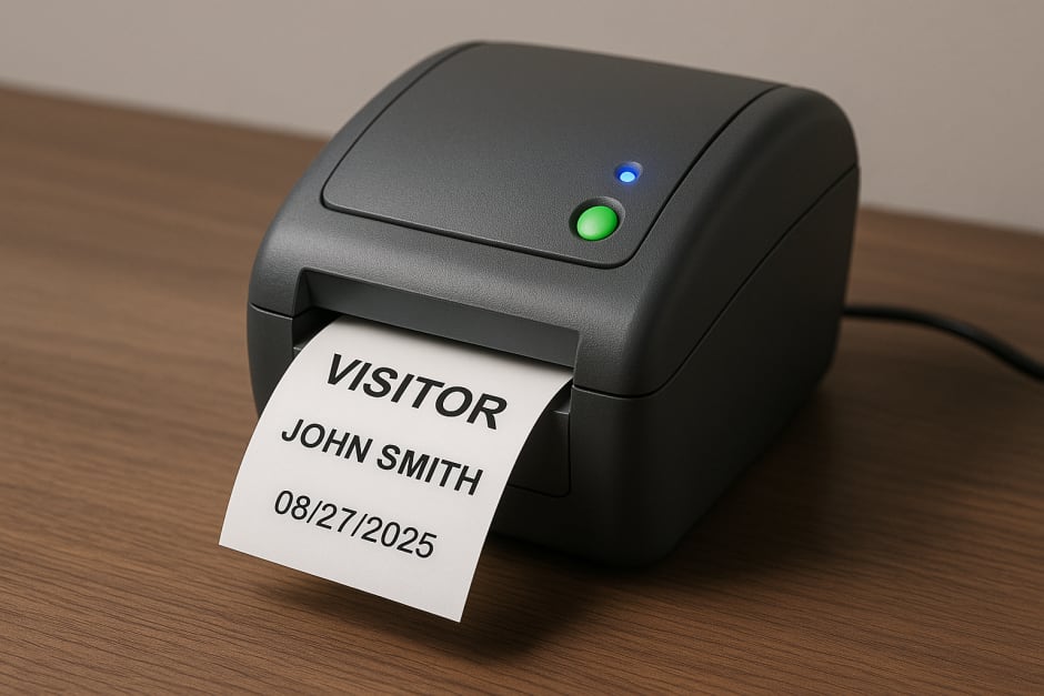 Visitor badge printer printing out a visitor badge with name and date