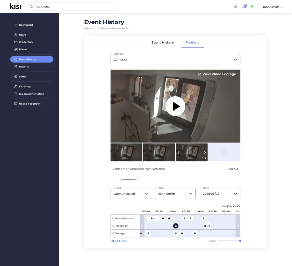 Kisi's event history dashboard with video snapshots