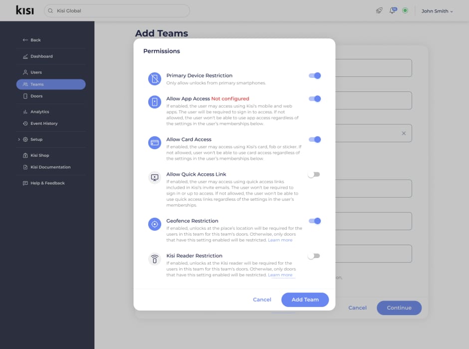 Team management dashboard in Kisi