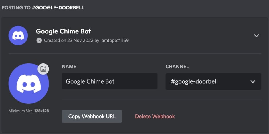Screenshot of setting a Google Chime Webhook on Discord