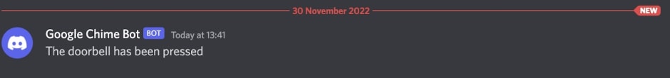 Screenshot of a Google Chime Bot Discord notification for doorbell being pressed