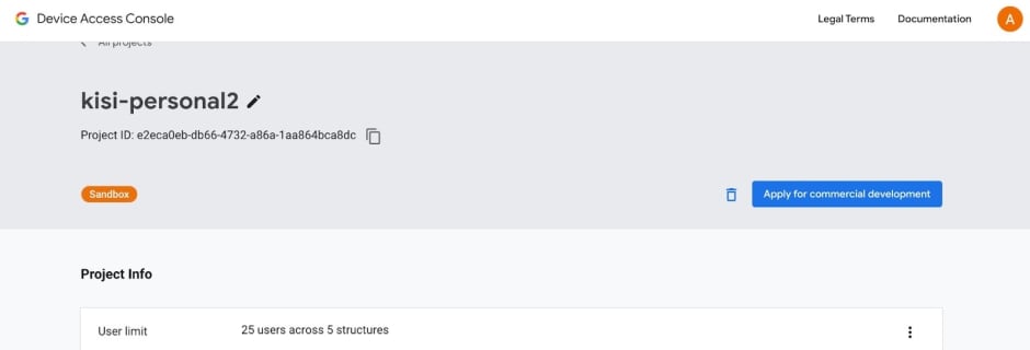 Screenshot of Google Device Access Console