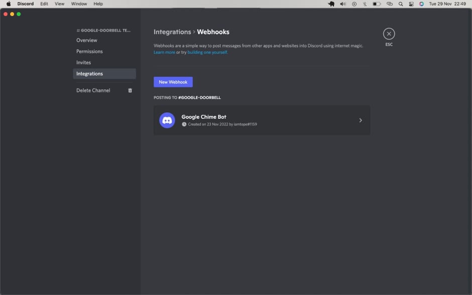 Screenshot of how to navigate to the integrations tab in Discord
