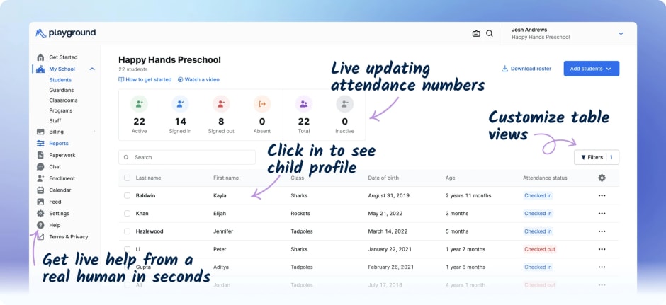 Playground dashboard with quick notes on how to navigate it 