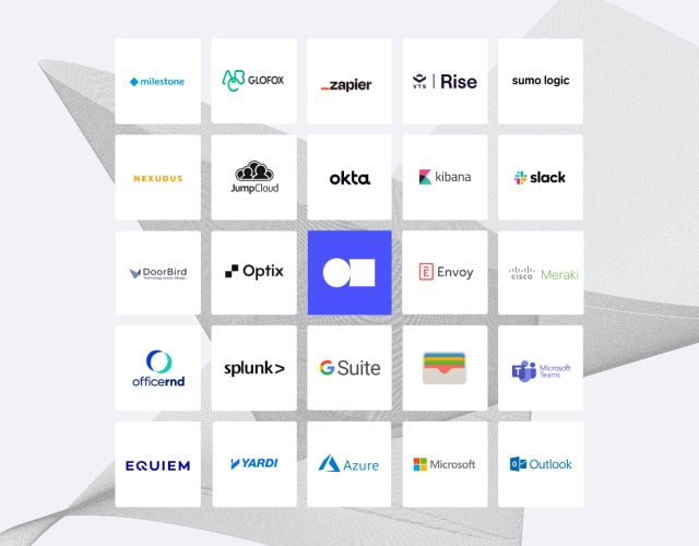 Logos that integrate with Kisi access control representing the unified security systems it creates by integrating with various security tech