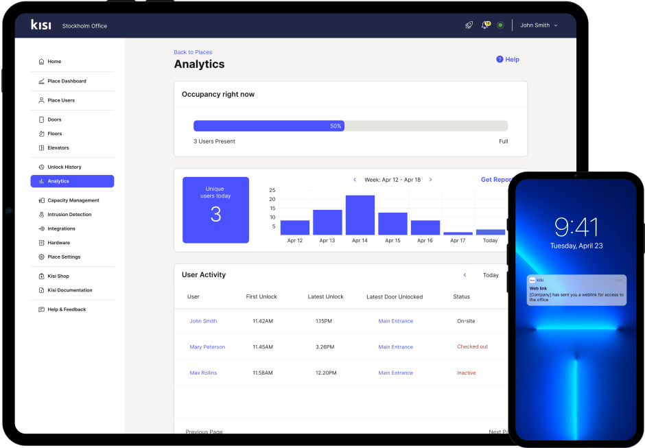 An image showing a screen where the Kisi analytics dashboard is open and a mobile phone receiving a Kisi notification