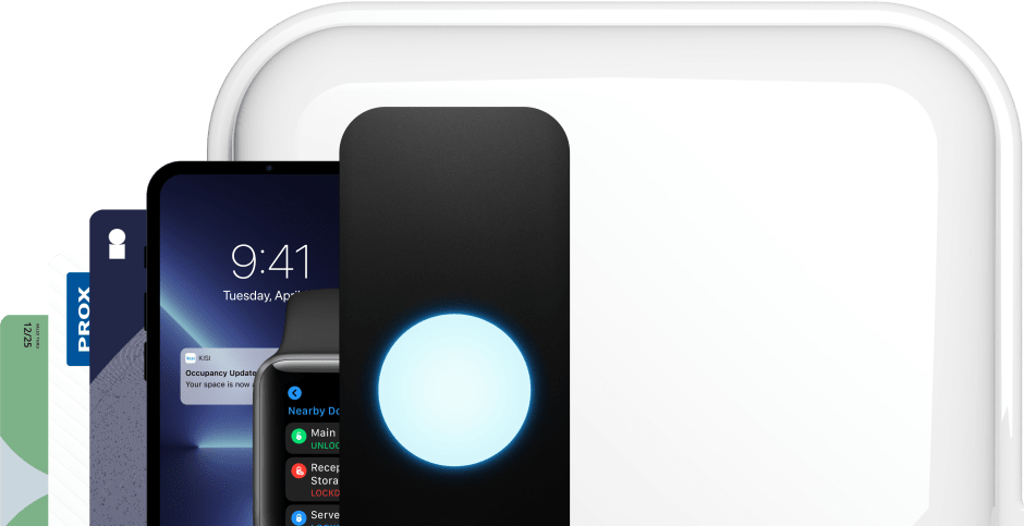 An image showing a range of Kisi access control products, like access cards, access panel, access reader, and the Kisi mobile and Apple Watch app