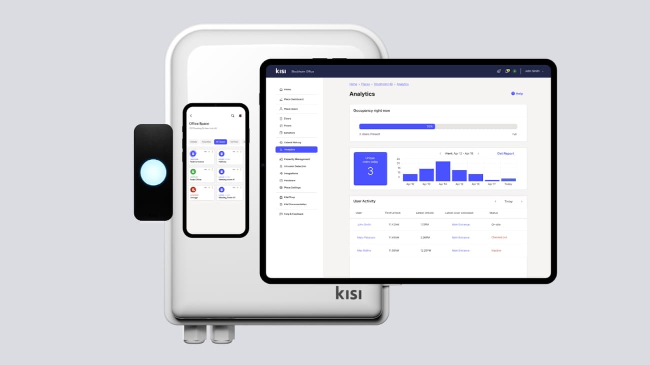 An image showing Kisi's range of access control products, like controller, reader, and devices showing the access software