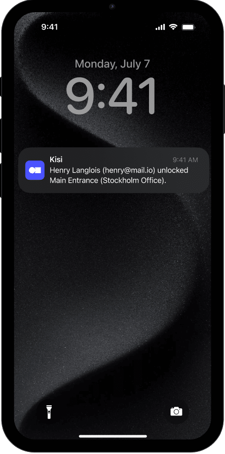 Kisi mobile access control app for remote unlocks, alerts, user management and security insights