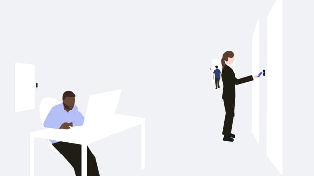 An illustration showing a person working in a flex space while two others are using Kisi to unlock doors to access their space