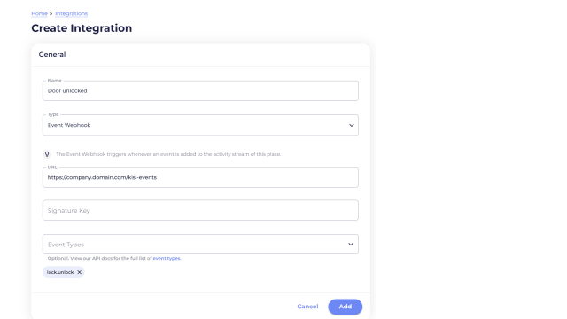 Create event webhook integration in Kisi 