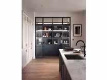 Arrington inframe style Shaker kitchen pantry in dark blue custom carcasses, replacement doors and drawer fronts.