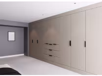 Edge Luxe bedroom in brown linen built in wardrobes