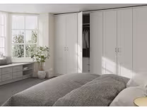Matt dove grey classic Shaker style, traditional panelling fitted bedroom wardrobes