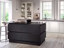 Hunton True Handleless Kitchen in Charcoal and Dove Grey with Graphite rail. Kitchen island in Charcoal