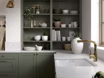 Crathorne Regiment green shaker style with belfast sink, replacement kitchen cabinets, cupboard doors and drawer fronts