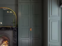 Dark Green fitted wardrobes in Shaker style with brass handles, replacement fitted bedroom wardrobe doors