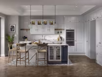 Mornington Shaker Ives and Inkwell with island, stools and wine fridge. Replacement kitchen cabinets, cupboard doors and drawers