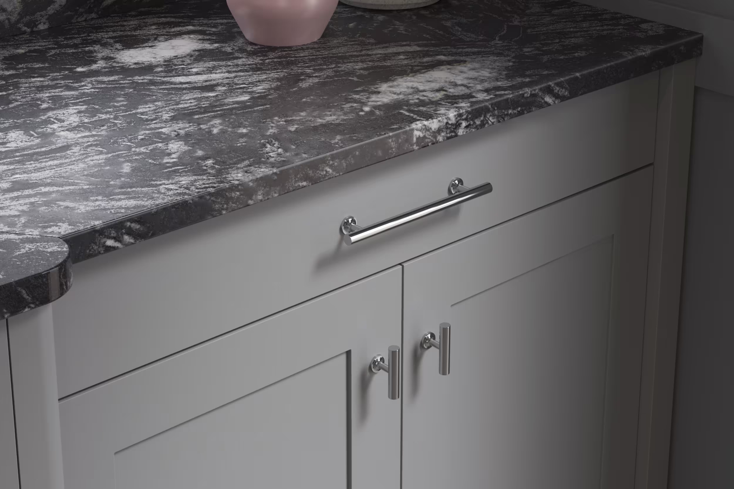 dust green kitchen with chrome handles