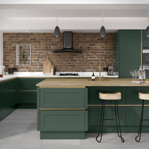 Green modern handleless kitchen with island