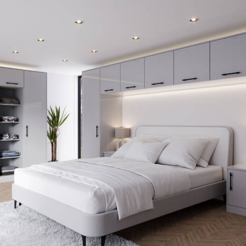 Grey gloss fitted wardrobes, fitted over the bed and a built in wardrobe
