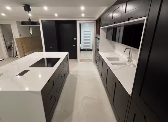side profile of kitchen cabinets and island 