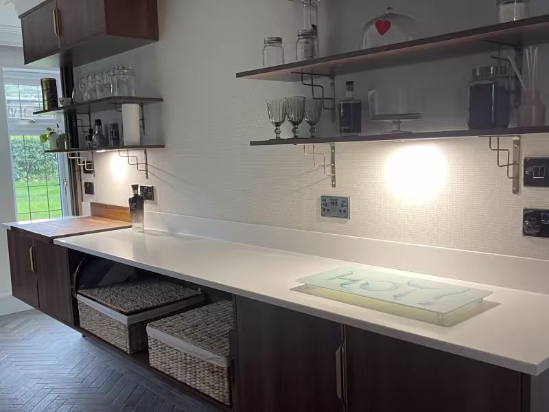 floating cabinets with prep space and open shelving